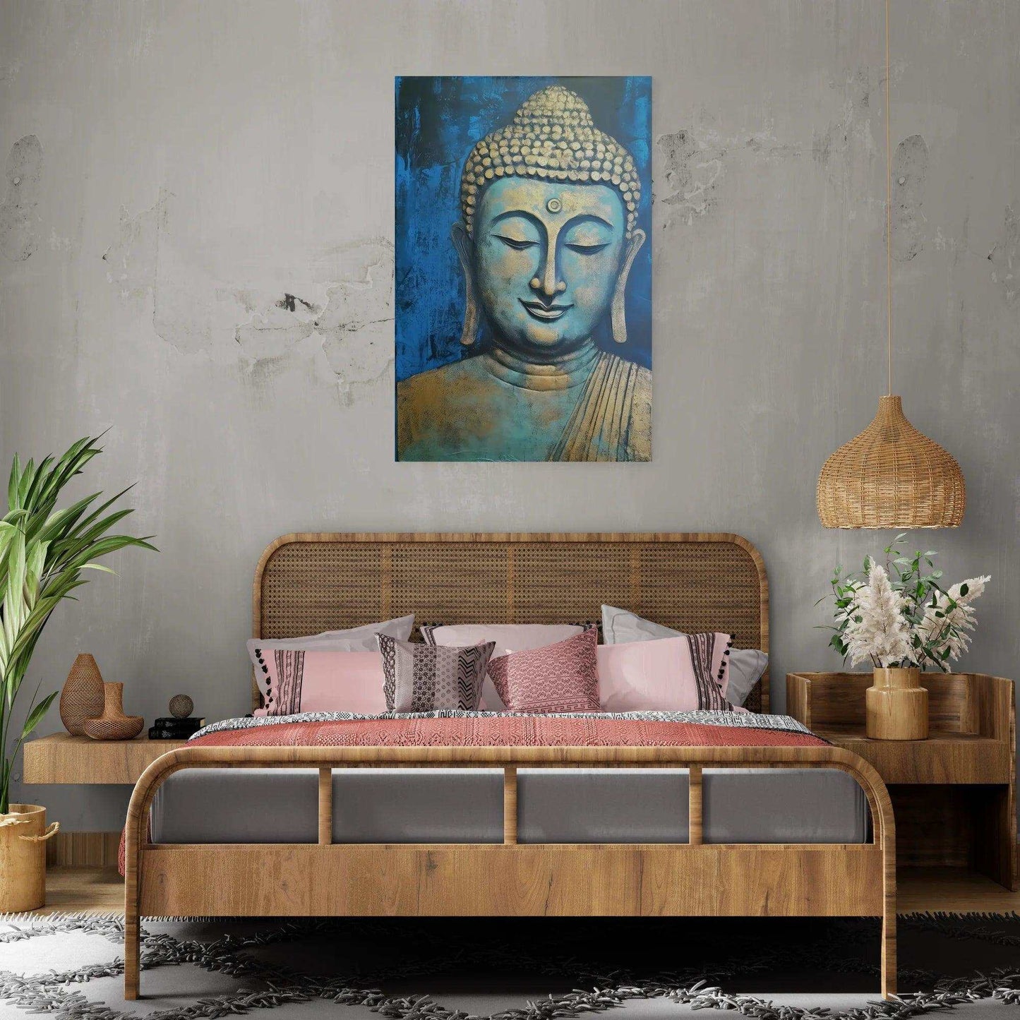 A serene Buddha painting in blue and gold hues is mounted above a wicker headboard, complementing the calm and modern aesthetic of the bedroom, which features neutral bedding, pink accent pillows, and a wicker pendant light.