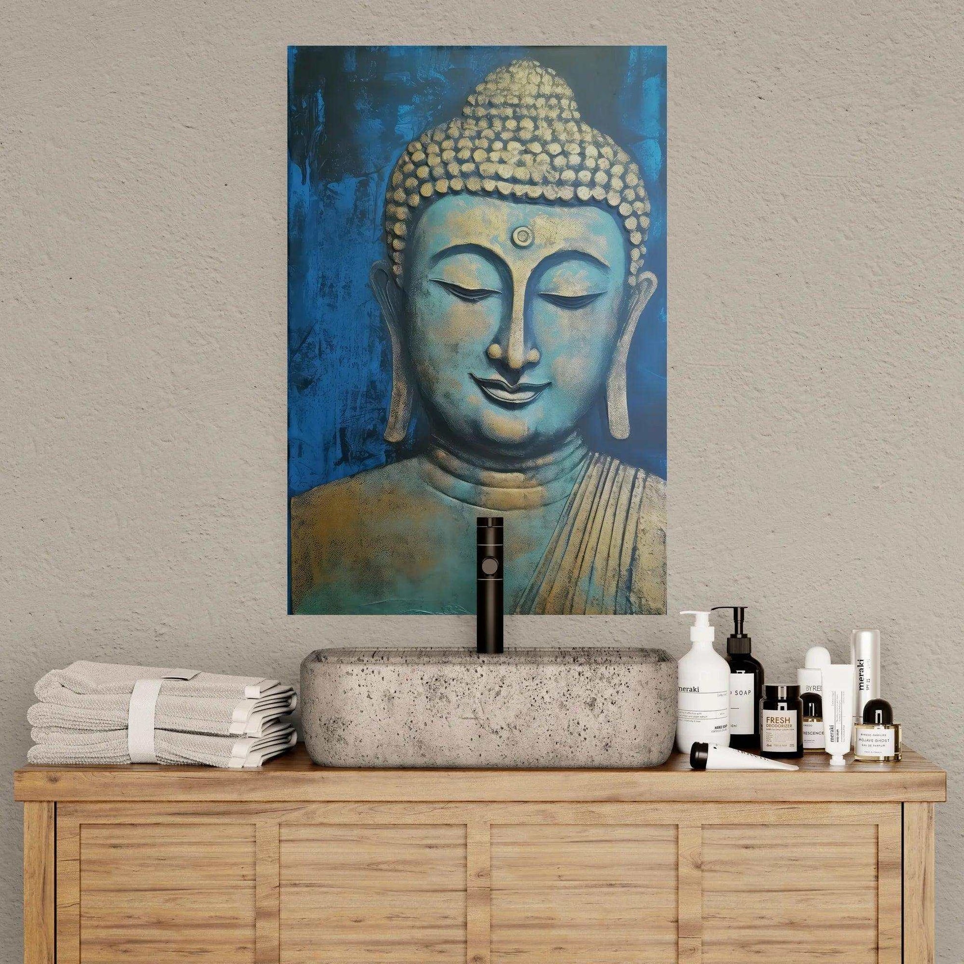 Above a wooden bathroom cabinet, a tranquil Buddha painting with blue and golden tones adds a Zen-like atmosphere, paired with a modern stone basin and neatly folded towels, creating a spa-inspired environment.