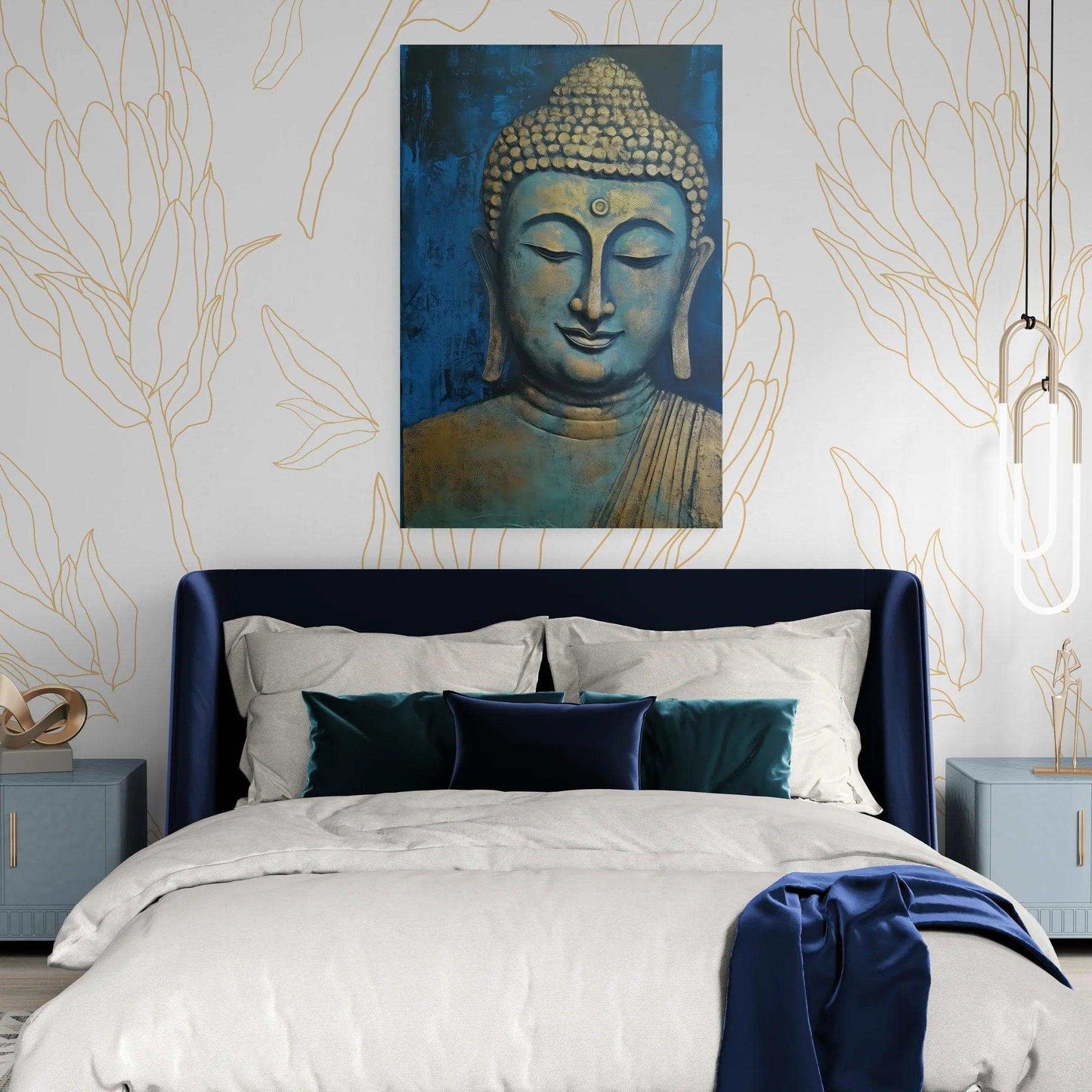 The blue and gold Buddha painting is the focal point above a plush bed with navy and emerald accents, framed by walls adorned with elegant gold leaf patterns, adding a touch of sophistication and tranquility to the bedroom decor.