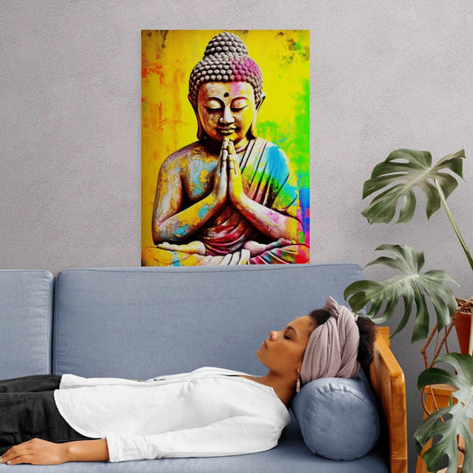 A colorful Buddha painting on a gray wall behind a couch, where a woman lies resting, adding a tranquil and artistic touch to a contemporary living space with indoor plants.