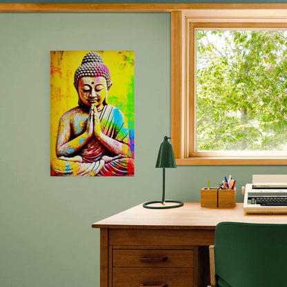 Bright, multicolored Buddha artwork hanging above a wooden desk with a typewriter, green desk lamp, and office supplies, situated beside a window overlooking green foliage.
