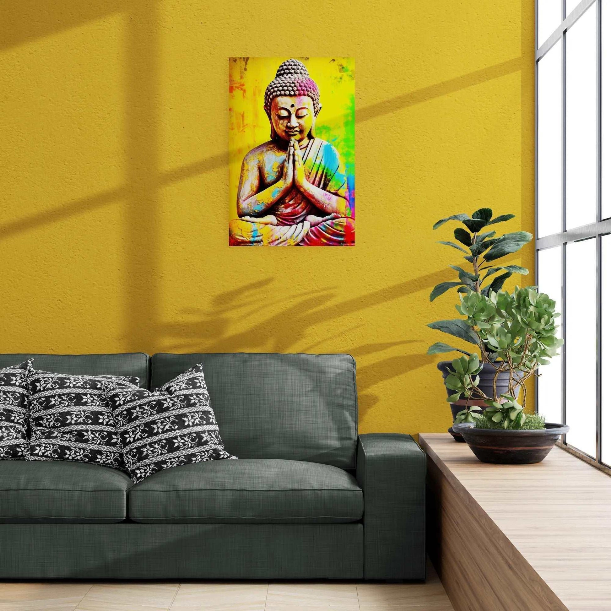 Buddha painting with a dynamic splash of colors set against a bold yellow wall in a living room, near a dark green couch with patterned cushions and a potted plant on a wooden floor.