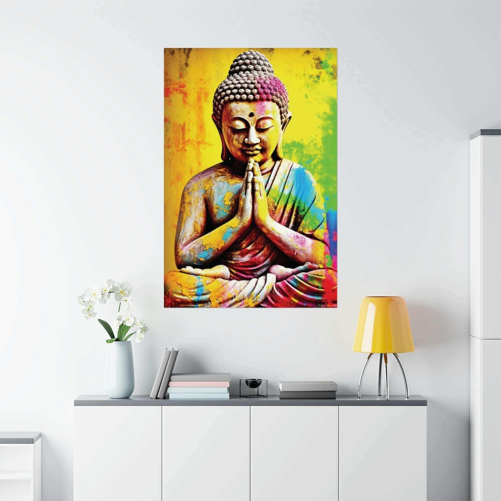 Colourful Buddha Artwork in a meditative pose with a rainbow of colors on matte finish paper, encapsulating cultural artistry.