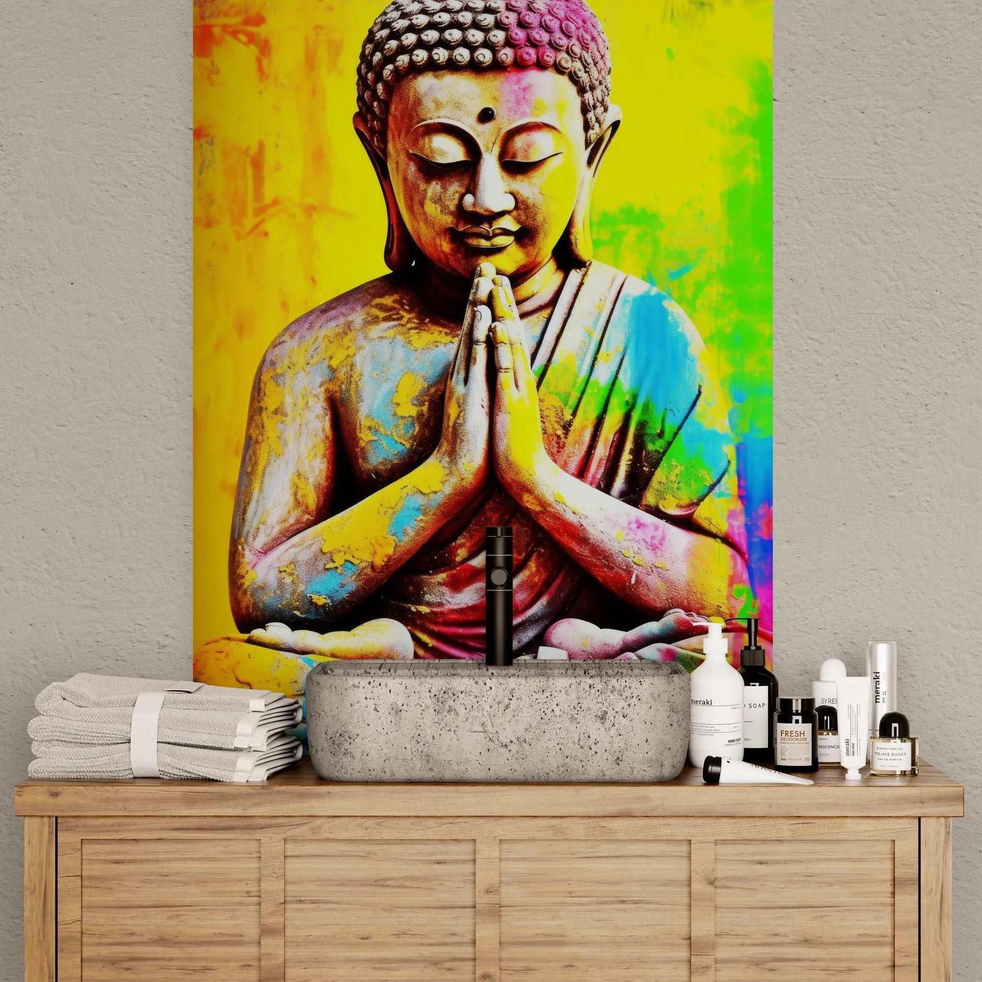 A vividly colored painting of a Buddha in a meditative pose with hands pressed together in a prayer gesture, displayed above a wooden sideboard with neatly stacked towels and skincare products