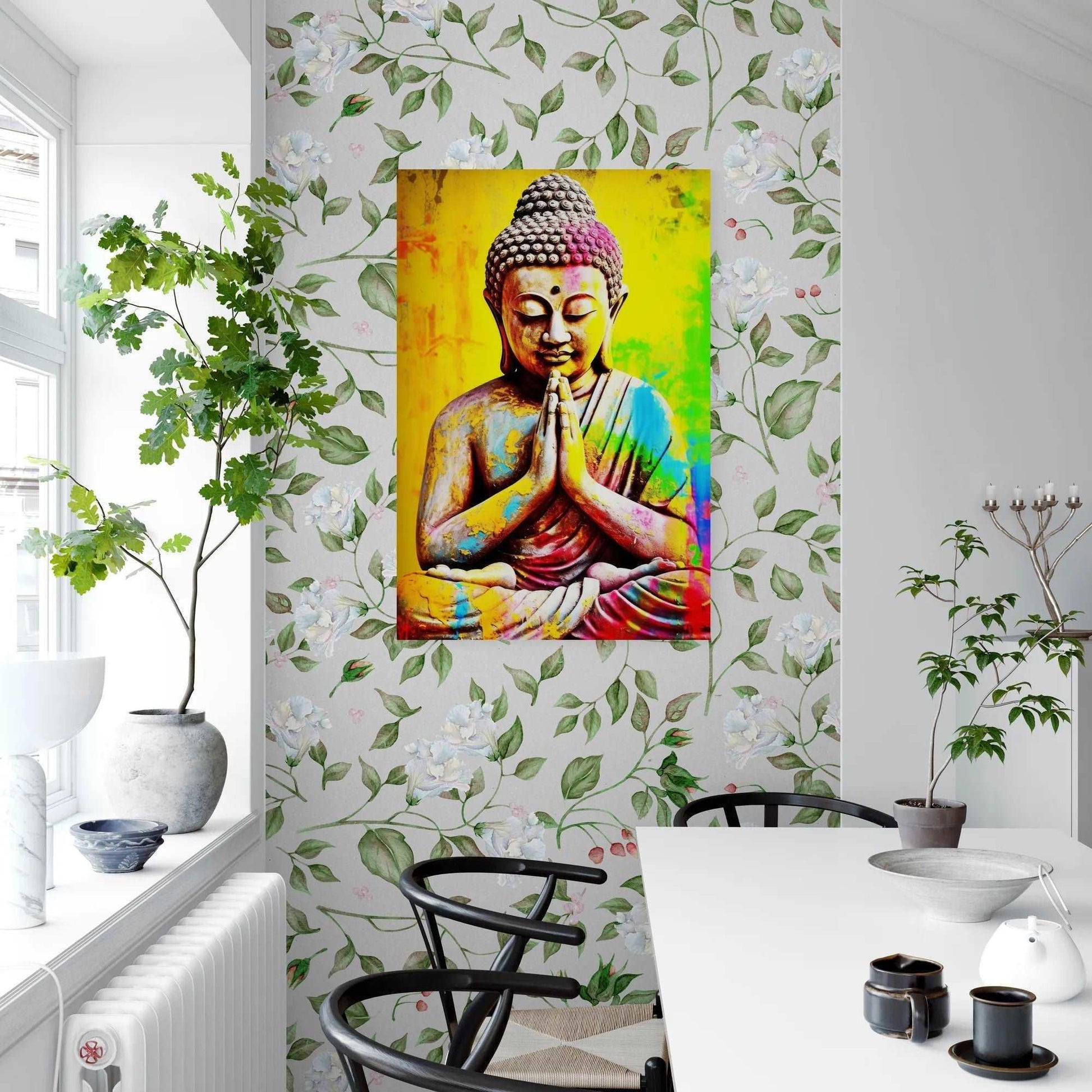 Colorful Buddha painting with a rainbow-hued background, creating a focal point on a wall adorned with floral wallpaper, complemented by a modern dining area with black chairs and a white table.