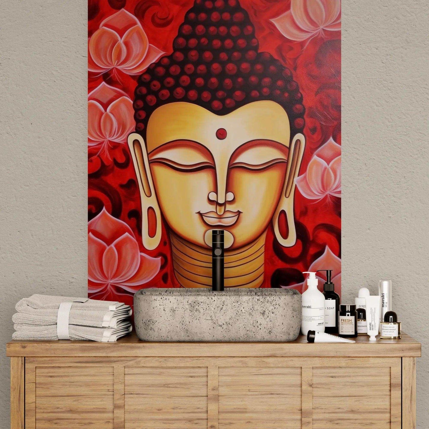 Contemporary Enlightenment - Red Buddha and Lotus Art -ZenArtBliss