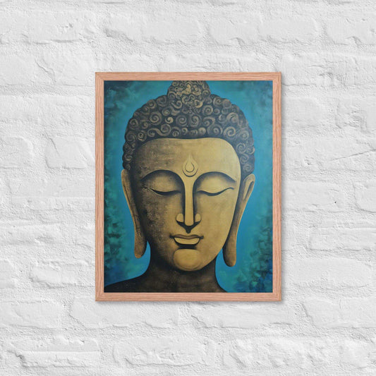 A red oak Golden Buddha Framed Print hangs on a white brick wall, showcasing a serene golden Buddha head with a stylized turquoise backdrop, creating an atmosphere of calm and contemplation within the space.