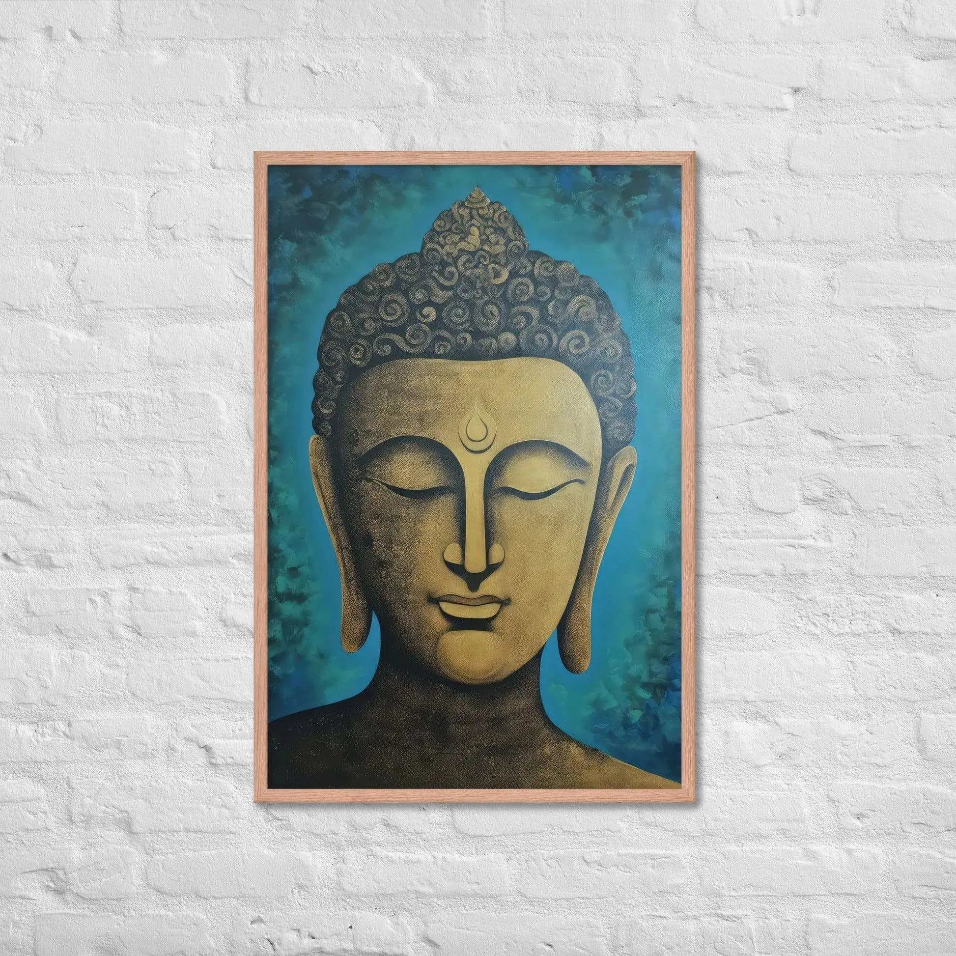 A red oak Golden Buddha Framed Print hangs on a white brick wall, showcasing a serene golden Buddha head with a stylized turquoise backdrop, creating an atmosphere of calm and contemplation within the space.