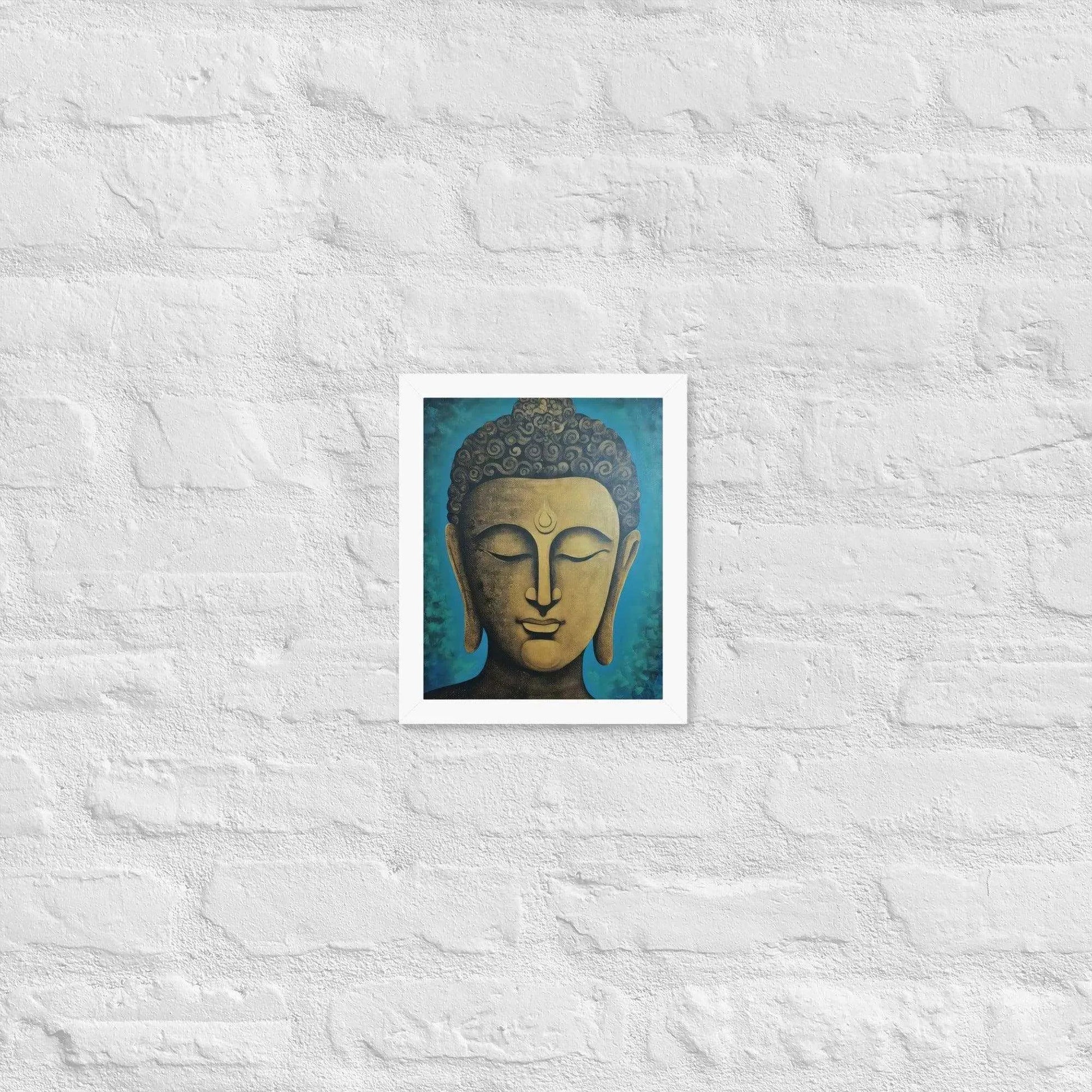 A white oak Golden Buddha Framed Print hangs on a white brick wall, showcasing a serene golden Buddha head with a stylized turquoise backdrop, creating an atmosphere of calm and contemplation within the space.