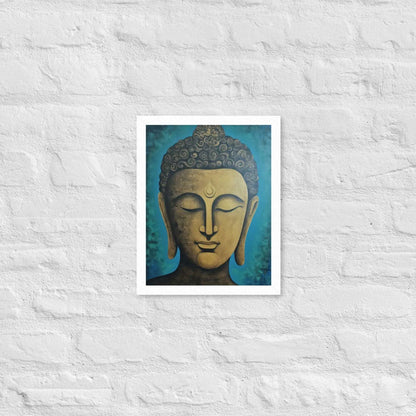 A white oak Golden Buddha Framed Print hangs on a white brick wall, showcasing a serene golden Buddha head with a stylized turquoise backdrop, creating an atmosphere of calm and contemplation within the space.