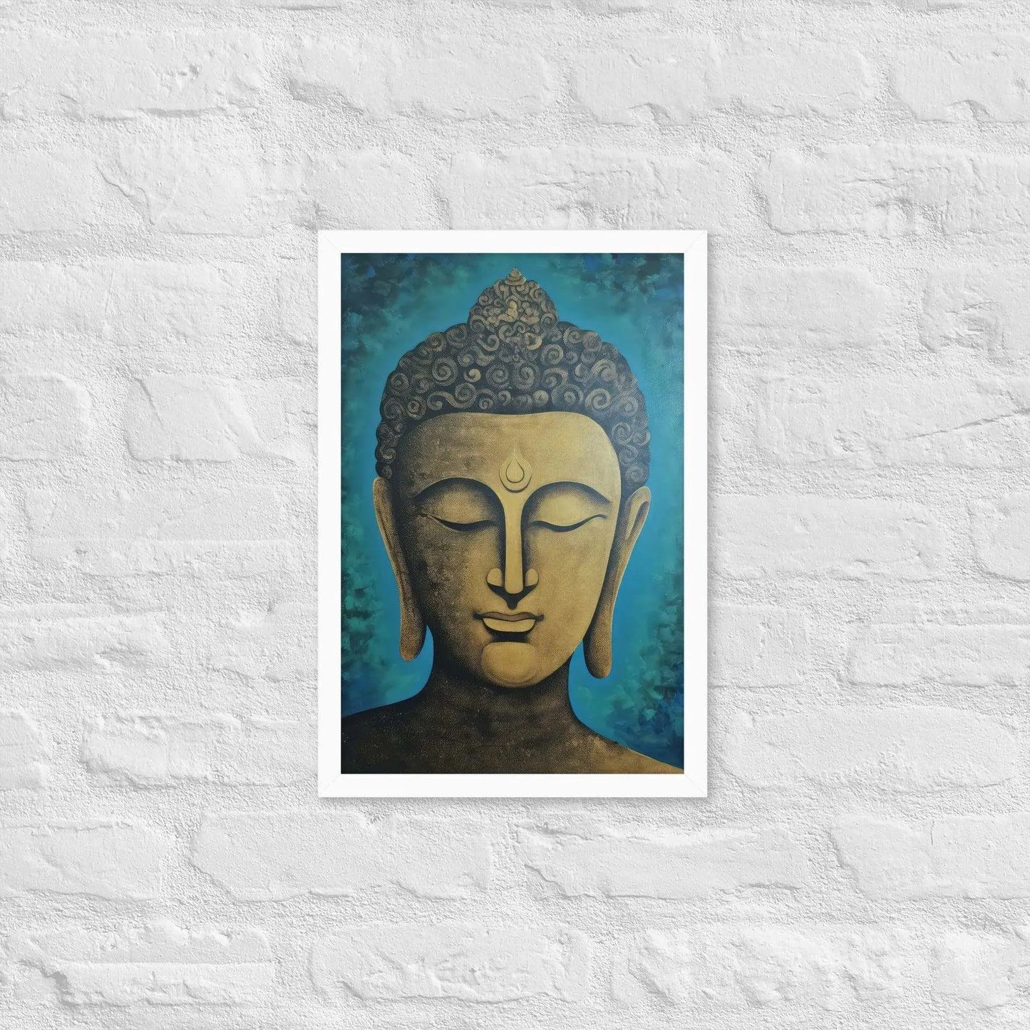 A white oak Golden Buddha Framed Print hangs on a white brick wall, showcasing a serene golden Buddha head with a stylized turquoise backdrop, creating an atmosphere of calm and contemplation within the space.