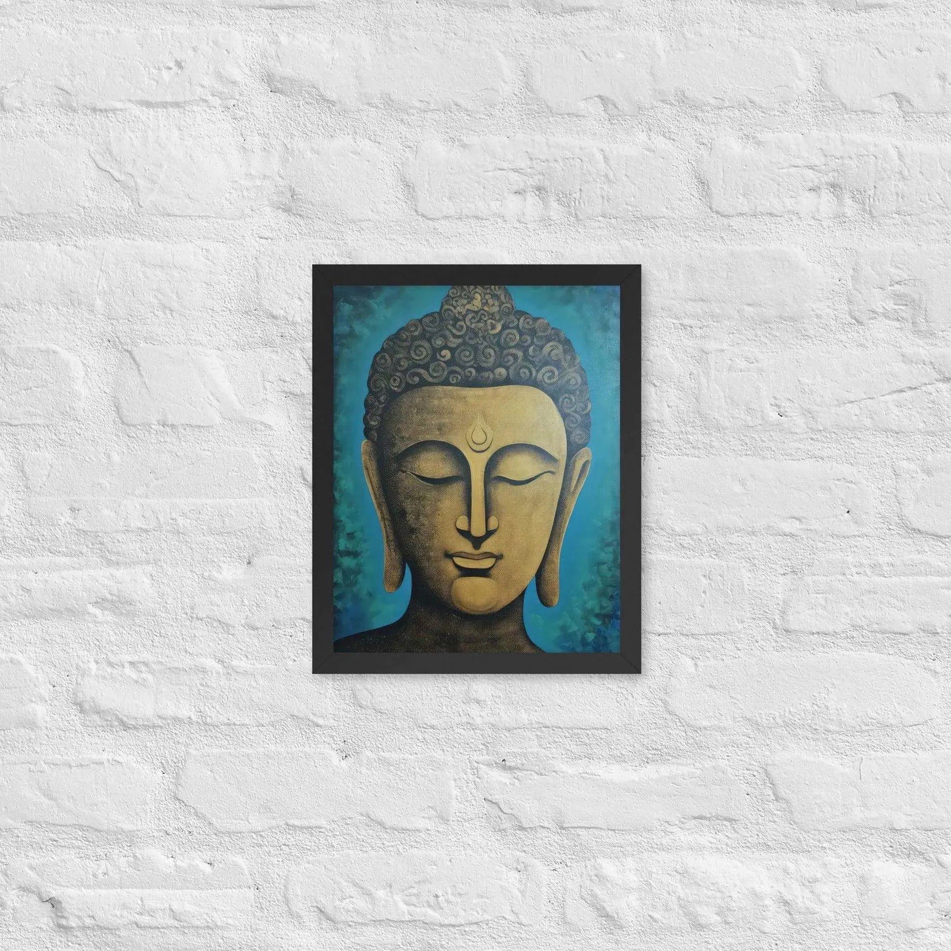 A black oak Golden Buddha Framed Print hangs on a white brick wall, showcasing a serene golden Buddha head with a stylized turquoise backdrop, creating an atmosphere of calm and contemplation within the space.