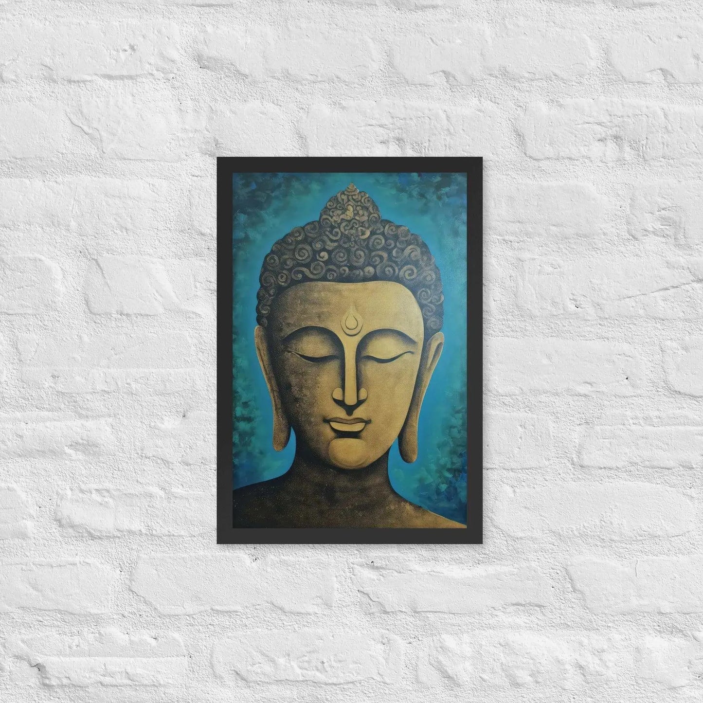 A black oak Golden Buddha Framed Print hangs on a white brick wall, showcasing a serene golden Buddha head with a stylized turquoise backdrop, creating an atmosphere of calm and contemplation within the space.