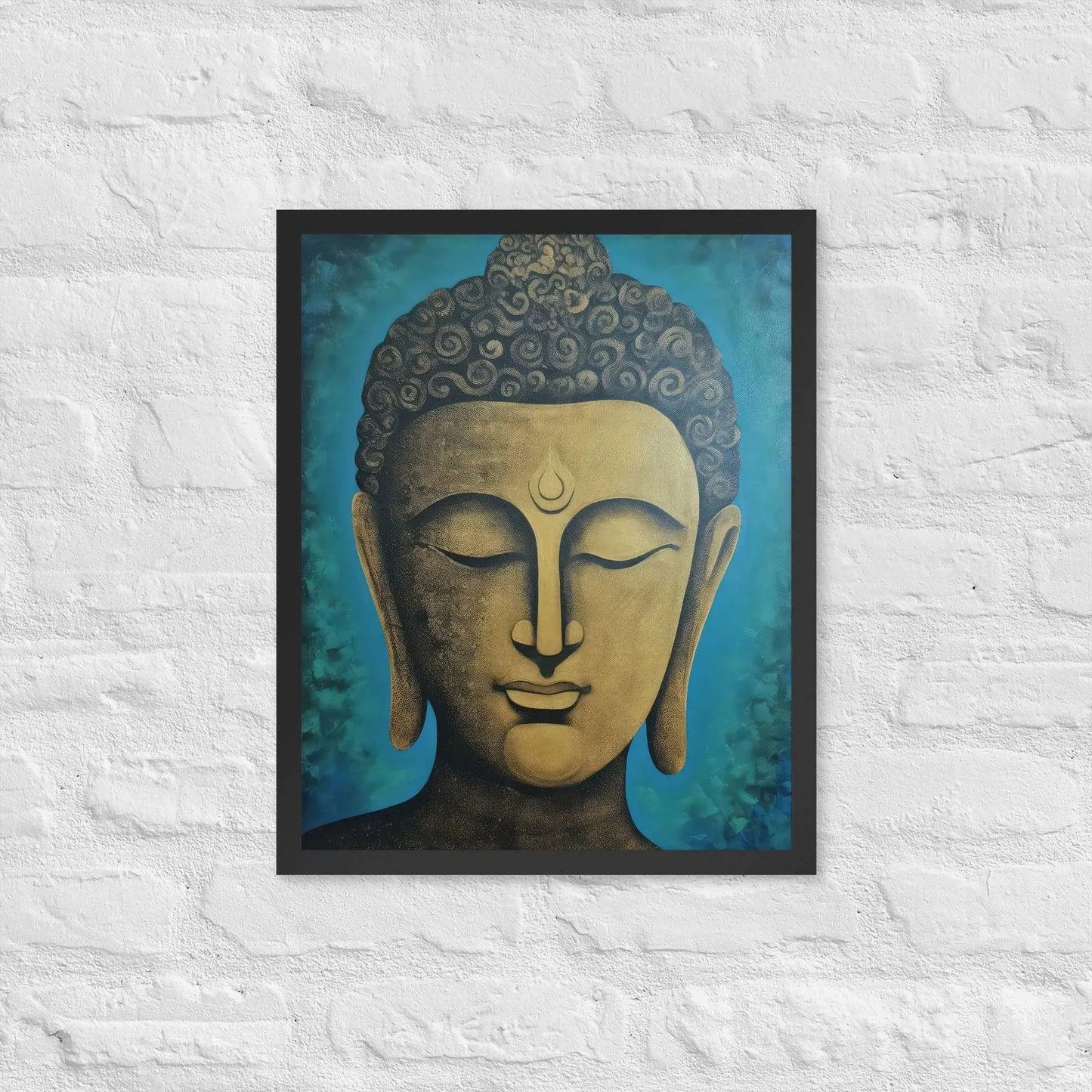 A black oak Golden Buddha Framed Print hangs on a white brick wall, showcasing a serene golden Buddha head with a stylized turquoise backdrop, creating an atmosphere of calm and contemplation within the space.