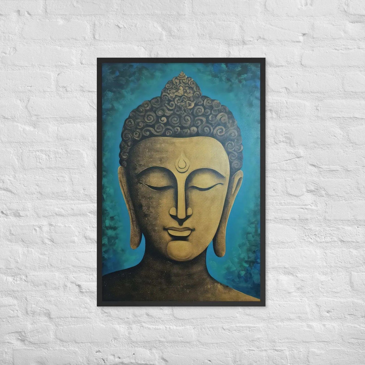 A black oak Golden Buddha Framed Print hangs on a white brick wall, showcasing a serene golden Buddha head with a stylized turquoise backdrop, creating an atmosphere of calm and contemplation within the space.