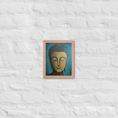 A red oak Golden Buddha Framed Print hangs on a white brick wall, showcasing a serene golden Buddha head with a stylized turquoise backdrop, creating an atmosphere of calm and contemplation within the space.