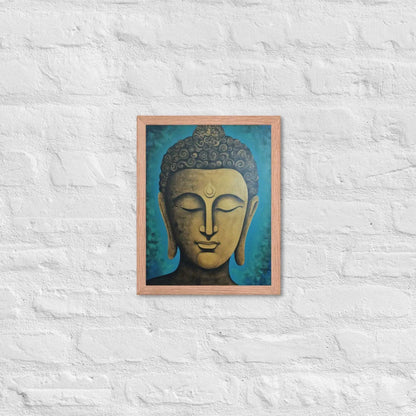 A red oak Golden Buddha Framed Print hangs on a white brick wall, showcasing a serene golden Buddha head with a stylized turquoise backdrop, creating an atmosphere of calm and contemplation within the space.