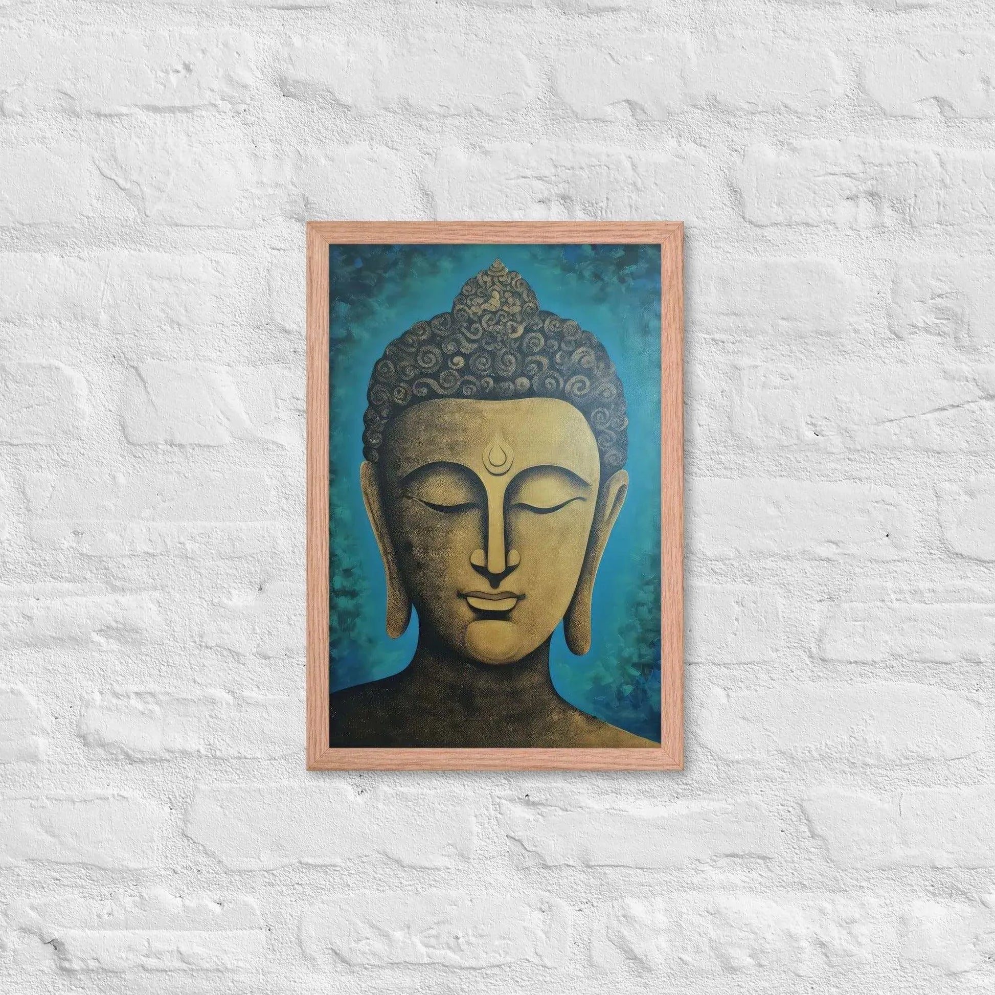 A red oak Golden Buddha Framed Print hangs on a white brick wall, showcasing a serene golden Buddha head with a stylized turquoise backdrop, creating an atmosphere of calm and contemplation within the space.