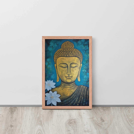 A golden Buddha Painting portrait with a serene expression is framed in red oak, set against a deep blue floral backdrop, placed on a light wooden floor by a white wall. This artwork merges spiritual iconography with a natural motif.