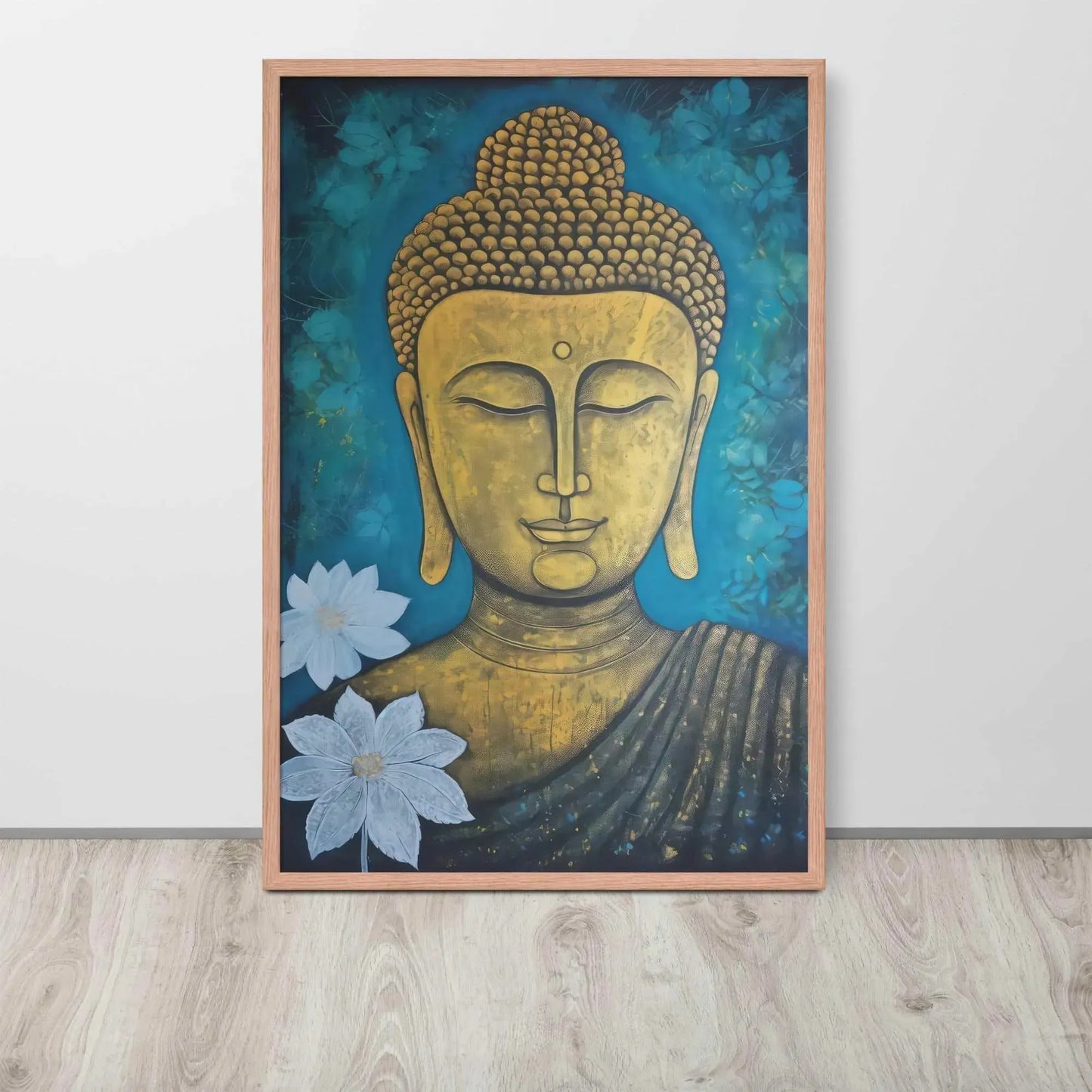 A golden Buddha Painting portrait with a serene expression is framed in red oak, set against a deep blue floral backdrop, placed on a light wooden floor by a white wall. This artwork merges spiritual iconography with a natural motif.