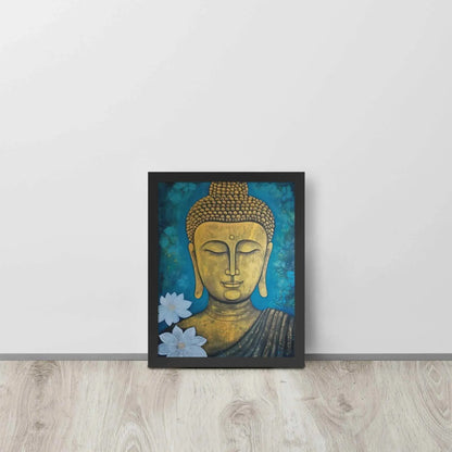 A golden Buddha Painting portrait with a serene expression is framed in black oak, set against a deep blue floral backdrop, placed on a light wooden floor by a white wall. This artwork merges spiritual iconography with a natural motif.