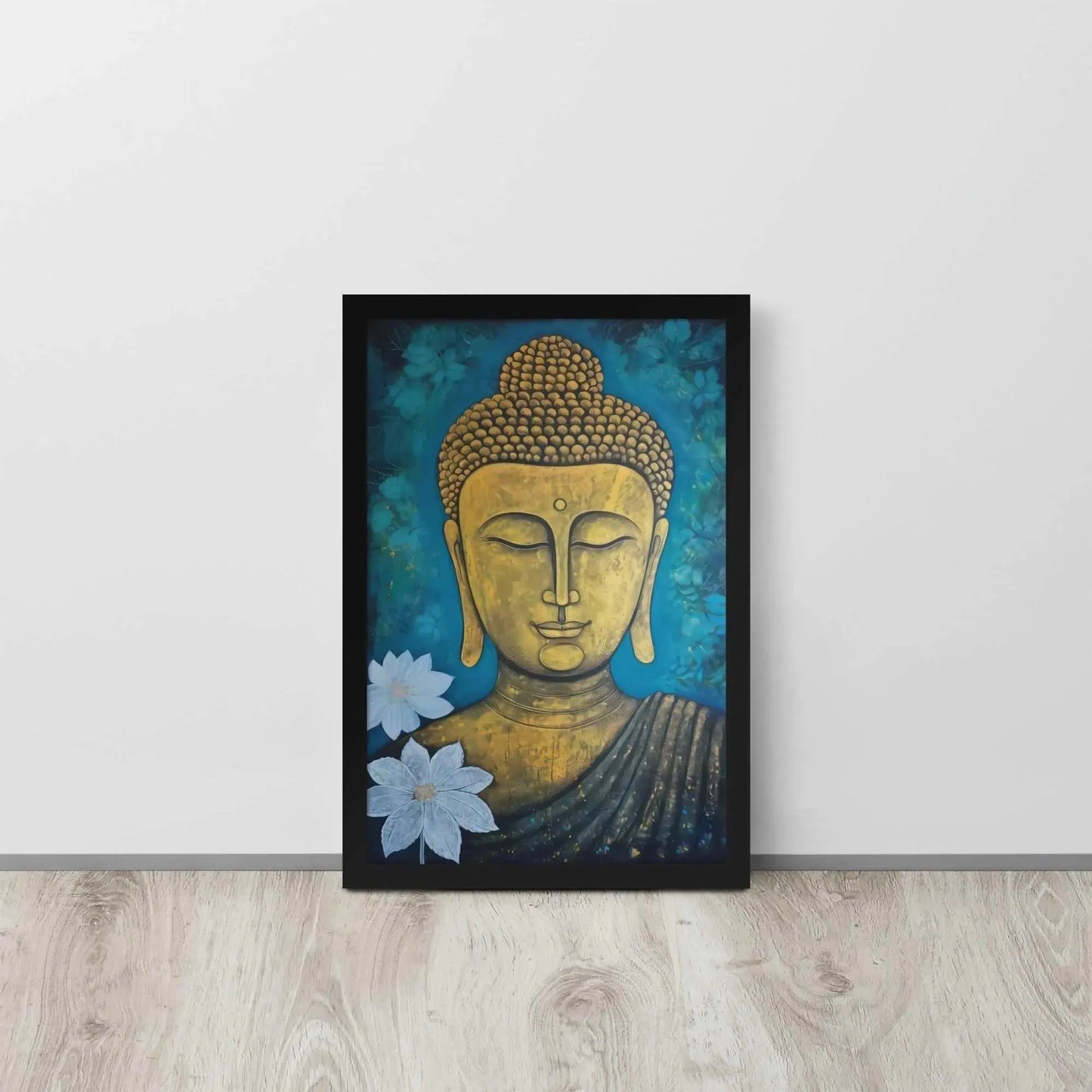 A golden Buddha Painting portrait with a serene expression is framed in black oak, set against a deep blue floral backdrop, placed on a light wooden floor by a white wall. This artwork merges spiritual iconography with a natural motif.