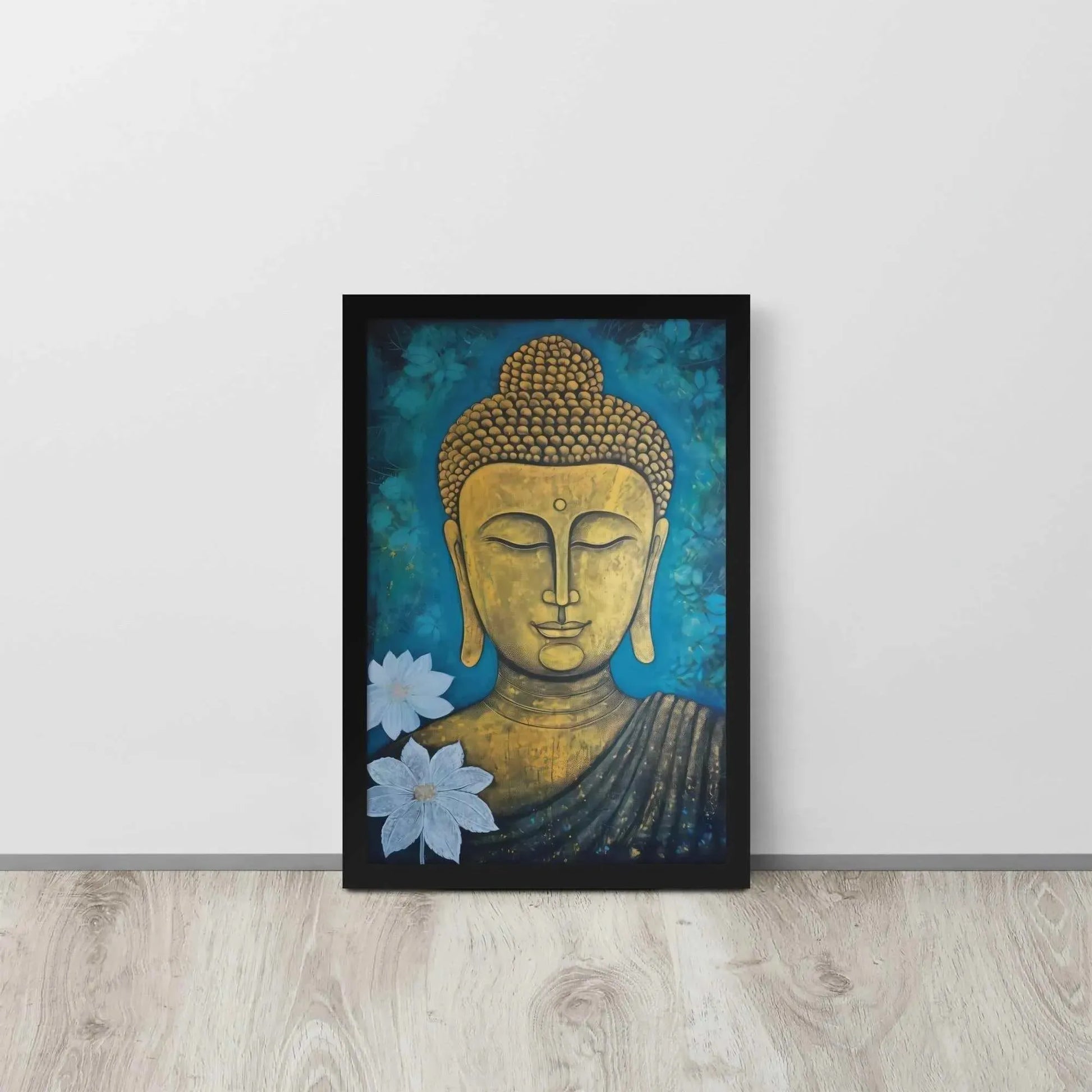 A golden Buddha Painting portrait with a serene expression is framed in black oak, set against a deep blue floral backdrop, placed on a light wooden floor by a white wall. This artwork merges spiritual iconography with a natural motif.