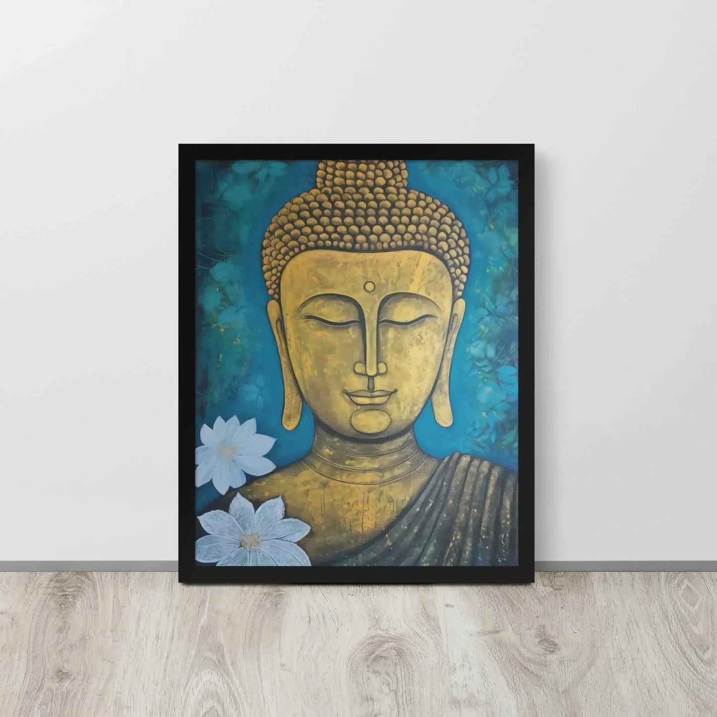 A golden Buddha Painting portrait with a serene expression is framed in black oak, set against a deep blue floral backdrop, placed on a light wooden floor by a white wall. This artwork merges spiritual iconography with a natural motif.