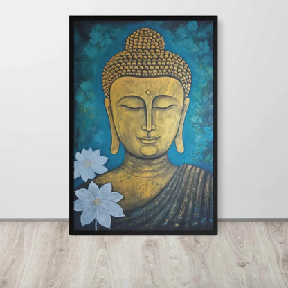 A golden Buddha Painting portrait with a serene expression is framed in black oak, set against a deep blue floral backdrop, placed on a light wooden floor by a white wall. This artwork merges spiritual iconography with a natural motif.