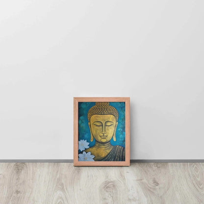 A golden Buddha Painting portrait with a serene expression is framed in red oak, set against a deep blue floral backdrop, placed on a light wooden floor by a white wall. This artwork merges spiritual iconography with a natural motif.