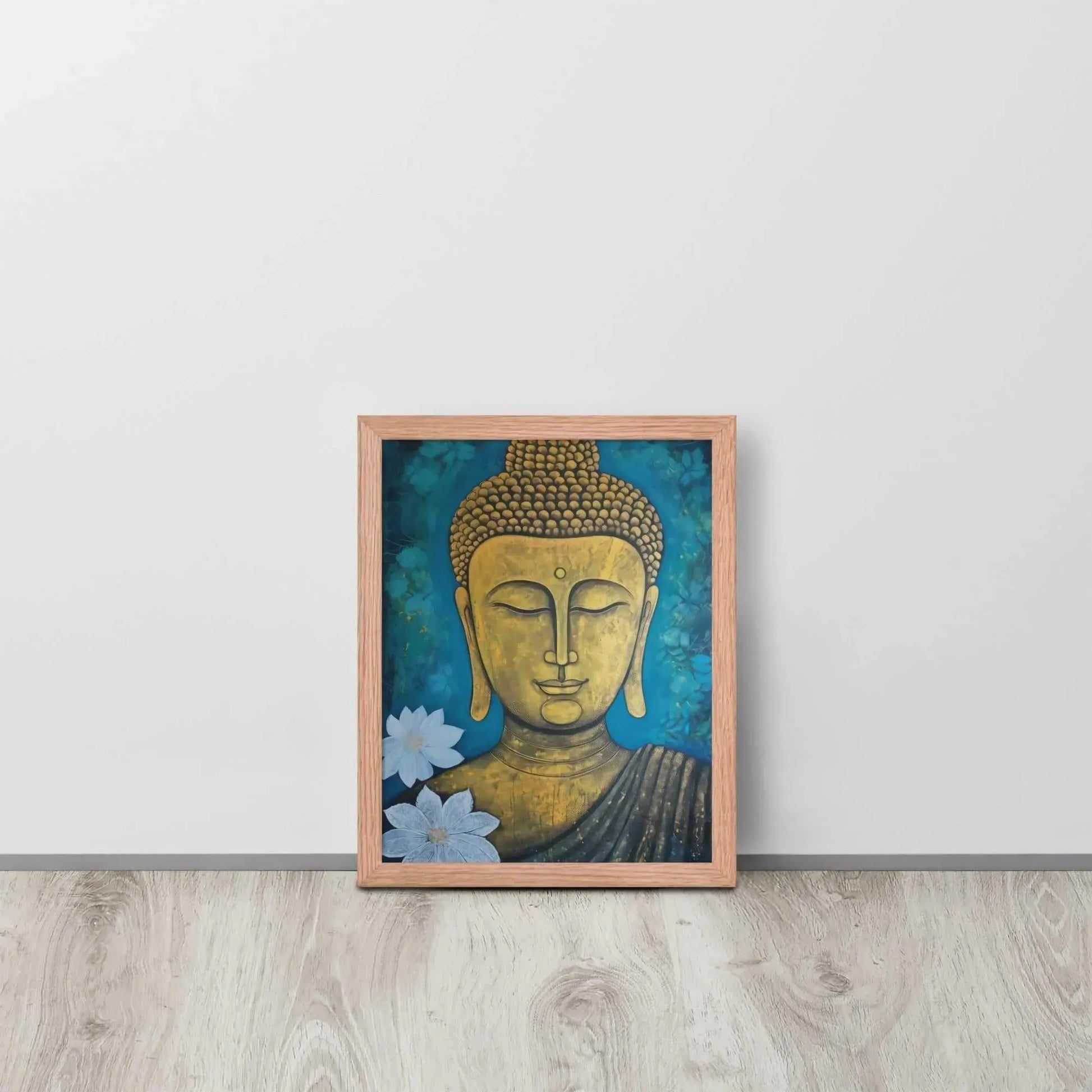 A golden Buddha Painting portrait with a serene expression is framed in red oak, set against a deep blue floral backdrop, placed on a light wooden floor by a white wall. This artwork merges spiritual iconography with a natural motif.