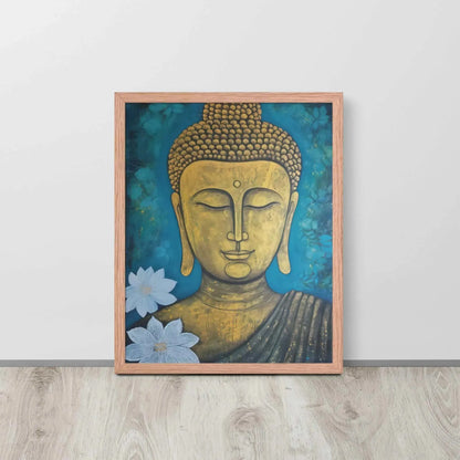 A golden Buddha Painting portrait with a serene expression is framed in red oak, set against a deep blue floral backdrop, placed on a light wooden floor by a white wall. This artwork merges spiritual iconography with a natural motif.