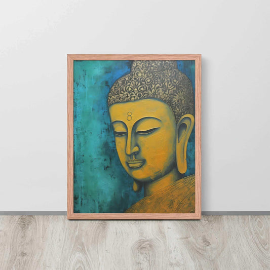 A red oak framed Golden Buddha Painting poster featuring a close-up of a serene Buddha's face with a golden complexion against a textured turquoise background is presented on a light wooden floor beside a white wall, embodying a blend of spirituality and modern art aesthetics.