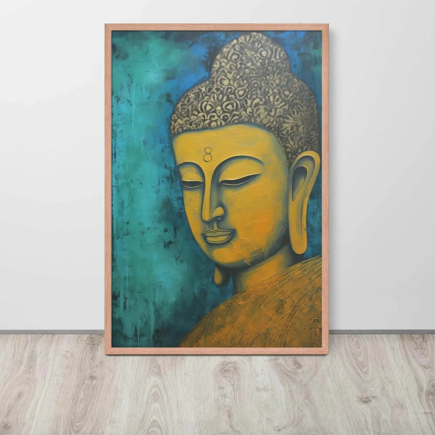 A red oak framed Golden Buddha Painting poster featuring a close-up of a serene Buddha's face with a golden complexion against a textured turquoise background is presented on a light wooden floor beside a white wall, embodying a blend of spirituality and modern art aesthetics.