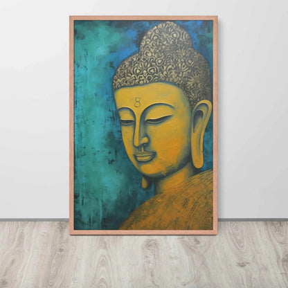 A red oak framed Golden Buddha Painting poster featuring a close-up of a serene Buddha's face with a golden complexion against a textured turquoise background is presented on a light wooden floor beside a white wall, embodying a blend of spirituality and modern art aesthetics.