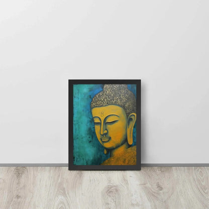 A black oak framed Golden Buddha Painting poster featuring a close-up of a serene Buddha's face with a golden complexion against a textured turquoise background is presented on a light wooden floor beside a white wall, embodying a blend of spirituality and modern art aesthetics.