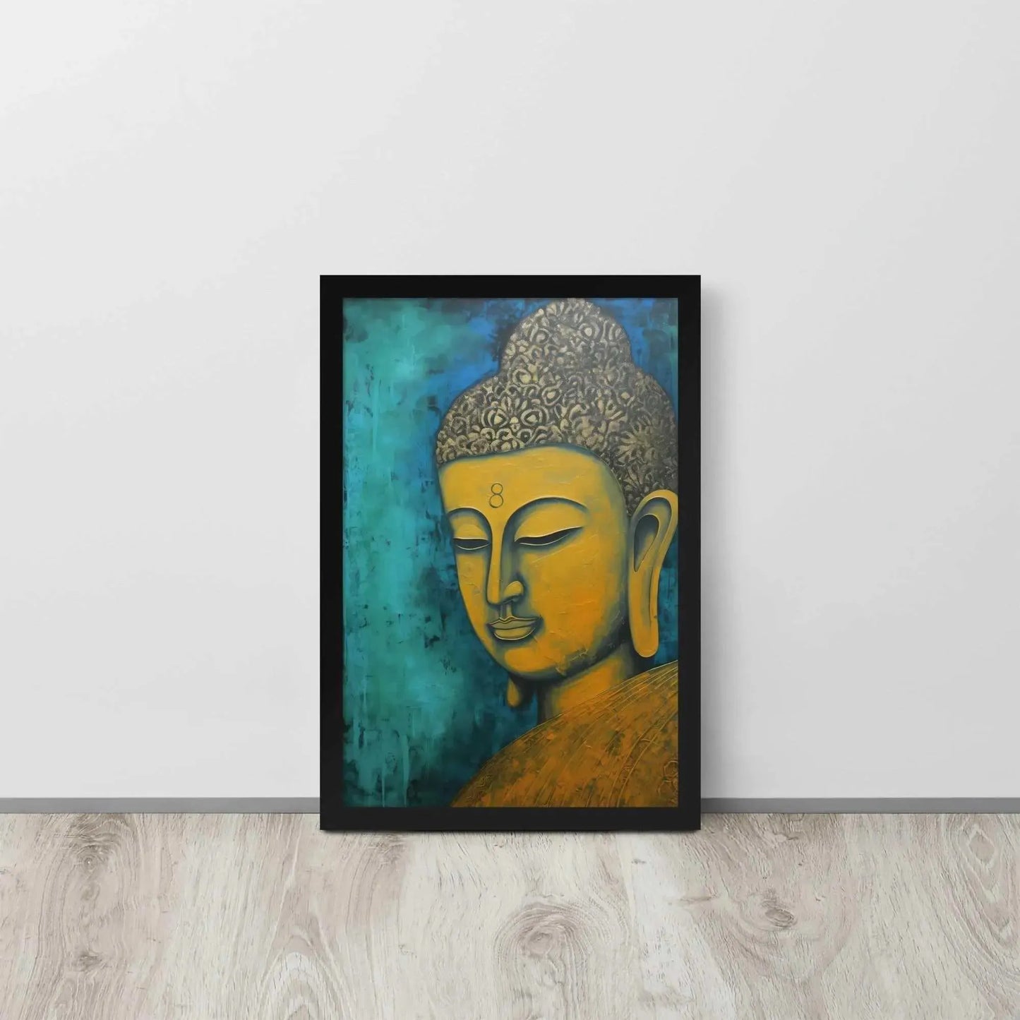 A black oak framed Golden Buddha Painting poster featuring a close-up of a serene Buddha's face with a golden complexion against a textured turquoise background is presented on a light wooden floor beside a white wall, embodying a blend of spirituality and modern art aesthetics.