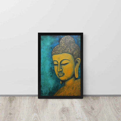 A black oak framed Golden Buddha Painting poster featuring a close-up of a serene Buddha's face with a golden complexion against a textured turquoise background is presented on a light wooden floor beside a white wall, embodying a blend of spirituality and modern art aesthetics.