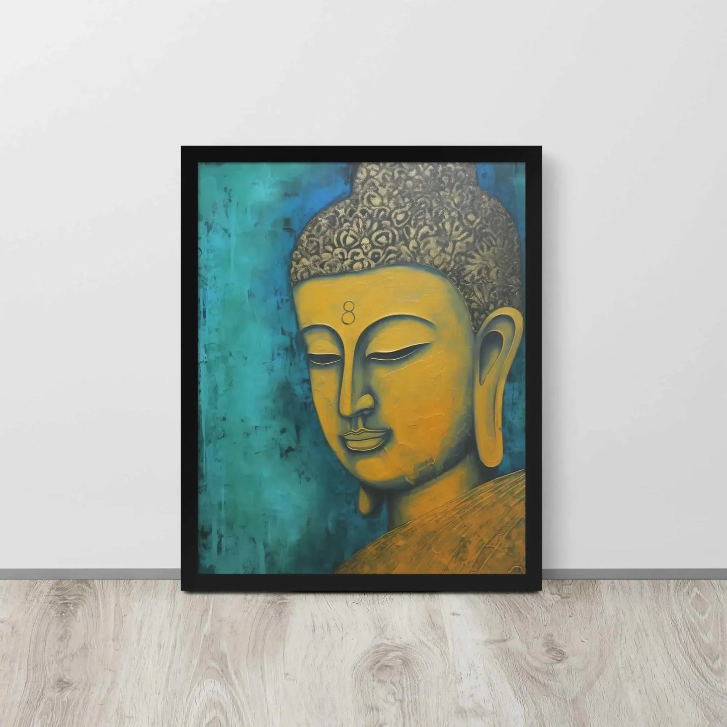 A black oak framed Golden Buddha Painting poster featuring a close-up of a serene Buddha's face with a golden complexion against a textured turquoise background is presented on a light wooden floor beside a white wall, embodying a blend of spirituality and modern art aesthetics.