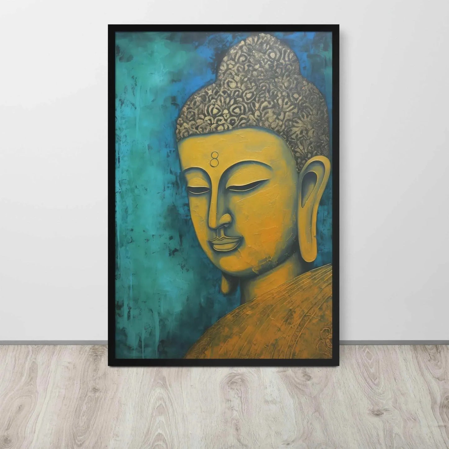 A black oak framed Golden Buddha Painting poster featuring a close-up of a serene Buddha's face with a golden complexion against a textured turquoise background is presented on a light wooden floor beside a white wall, embodying a blend of spirituality and modern art aesthetics.