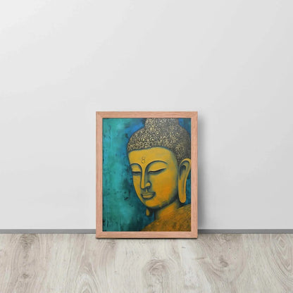 A red oak framed Golden Buddha Painting poster featuring a close-up of a serene Buddha's face with a golden complexion against a textured turquoise background is presented on a light wooden floor beside a white wall, embodying a blend of spirituality and modern art aesthetics.