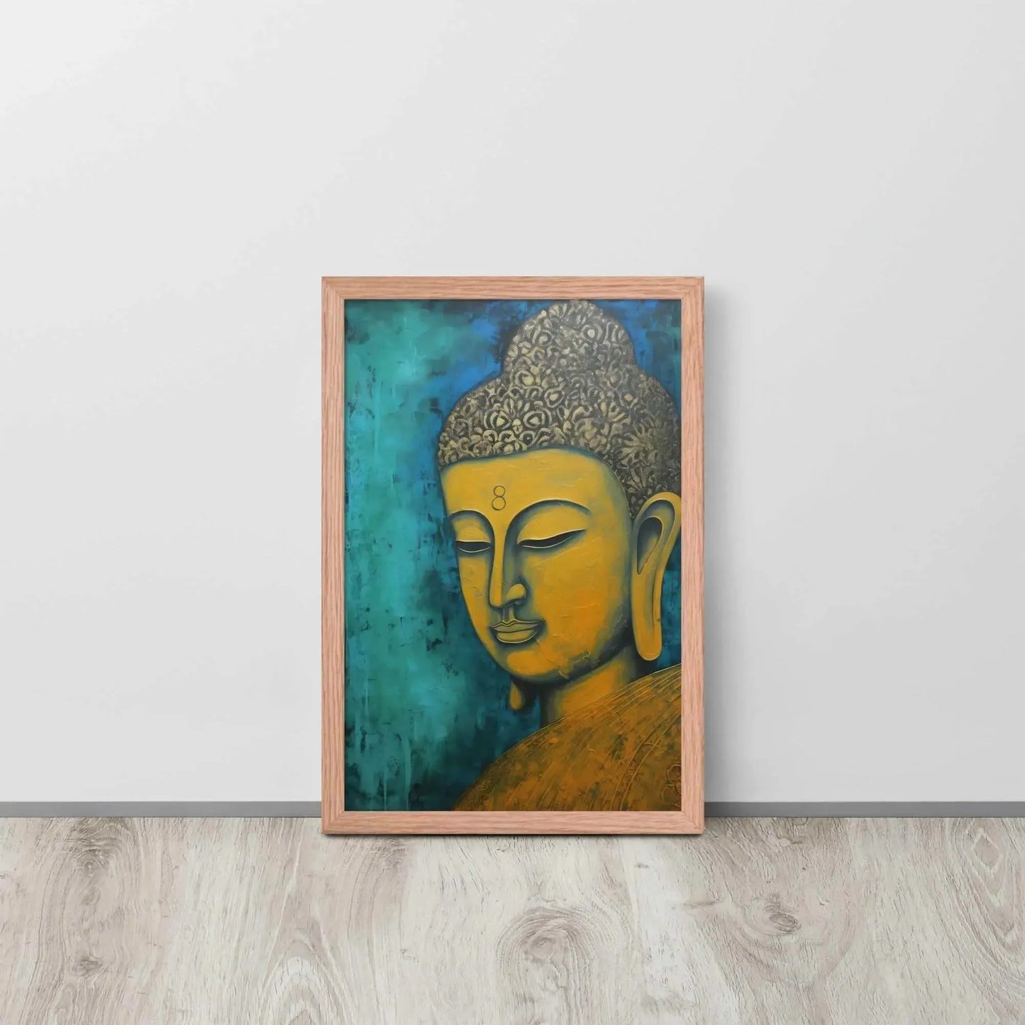 A red oak framed Golden Buddha Painting poster featuring a close-up of a serene Buddha's face with a golden complexion against a textured turquoise background is presented on a light wooden floor beside a white wall, embodying a blend of spirituality and modern art aesthetics.