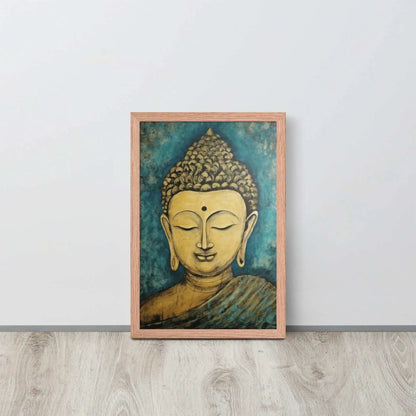 A red oak framed poster on a light wooden floor features a Golden Buddha Zen Wall Art with a tranquil expression, set against an abstract blue textured background, conveying a sense of peace and introspection beside a white wall.