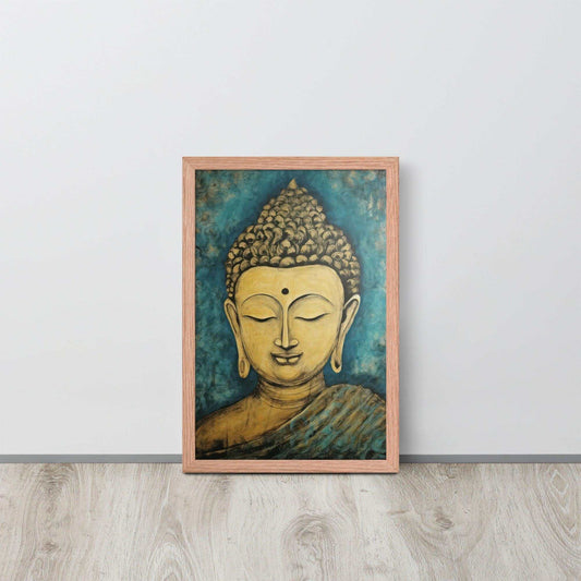 A red oak framed poster on a light wooden floor features a Golden Buddha Zen Wall Art with a tranquil expression, set against an abstract blue textured background, conveying a sense of peace and introspection beside a white wall.