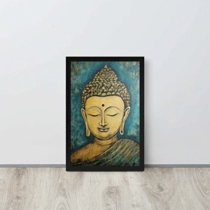 A black oak framed poster on a light wooden floor features a Golden Buddha Zen Wall Art with a tranquil expression, set against an abstract blue textured background, conveying a sense of peace and introspection beside a white wall.