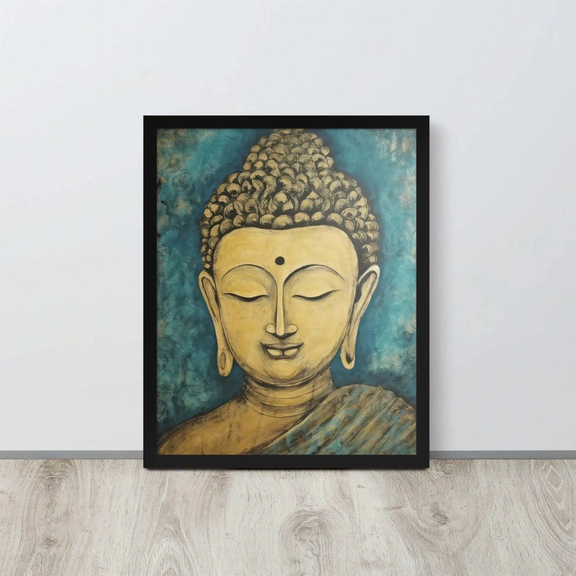 A black oak framed poster on a light wooden floor features a Golden Buddha Zen Wall Art with a tranquil expression, set against an abstract blue textured background, conveying a sense of peace and introspection beside a white wall.