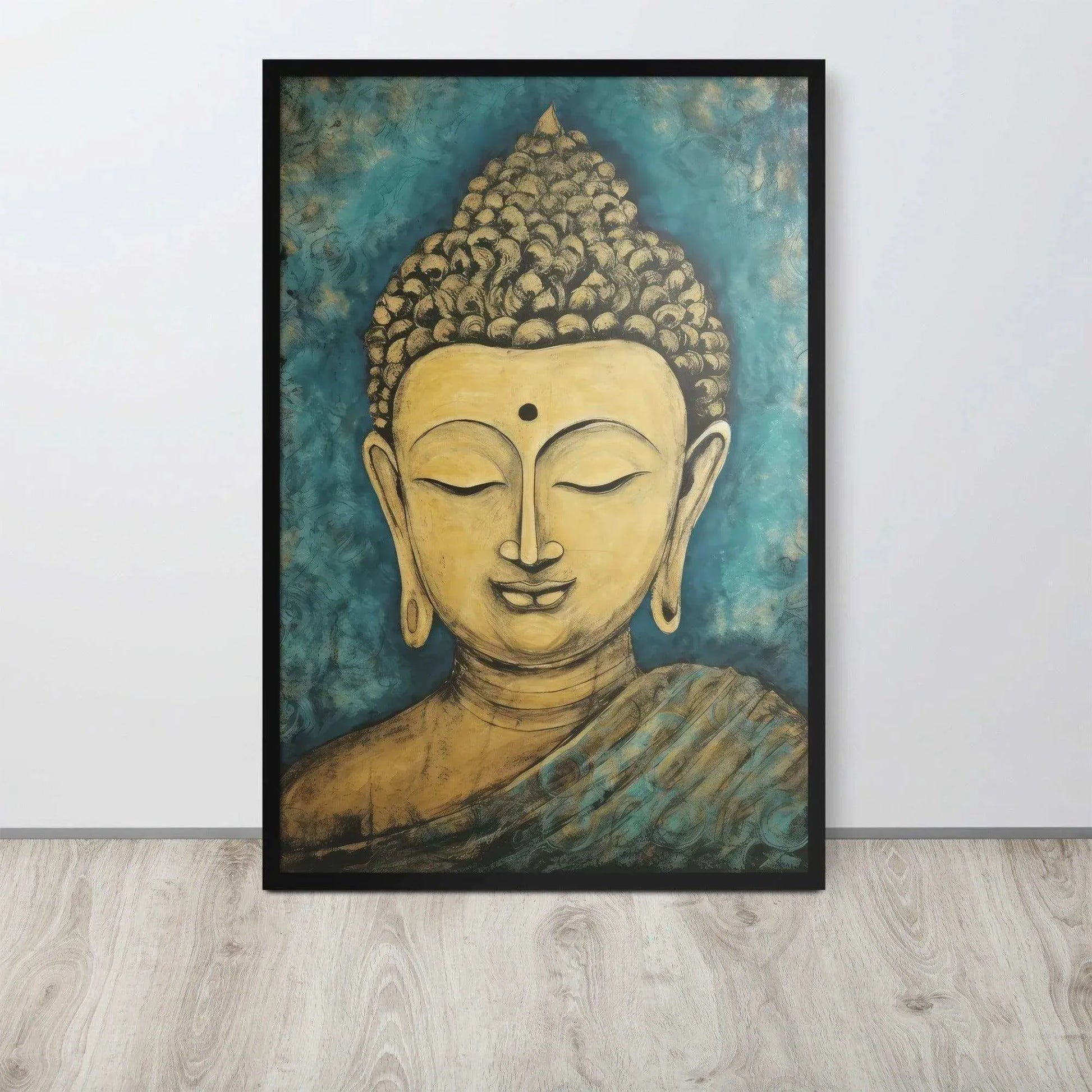 A black oak framed poster on a light wooden floor features a Golden Buddha Zen Wall Art with a tranquil expression, set against an abstract blue textured background, conveying a sense of peace and introspection beside a white wall.