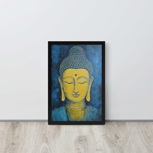 A black-Golden Happy Buddha Framed Print placed on a wooden floor against a white wall features a golden Buddha head with a serene expression, set against a deep blue textured background, creating a focal point of tranquility and spirituality in the room.
