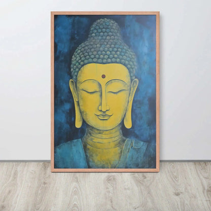 A red-Golden Happy Buddha Framed Print placed on a wooden floor against a white wall features a golden Buddha head with a serene expression, set against a deep blue textured background, creating a focal point of tranquility and spirituality in the room.