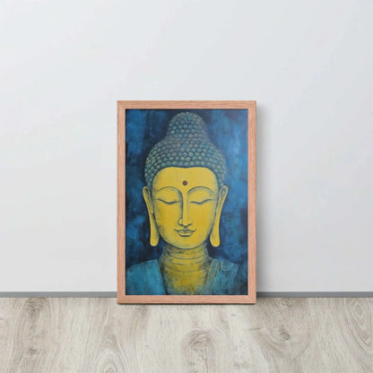 A red-Golden Happy Buddha Framed Print placed on a wooden floor against a white wall features a golden Buddha head with a serene expression, set against a deep blue textured background, creating a focal point of tranquility and spirituality in the room.